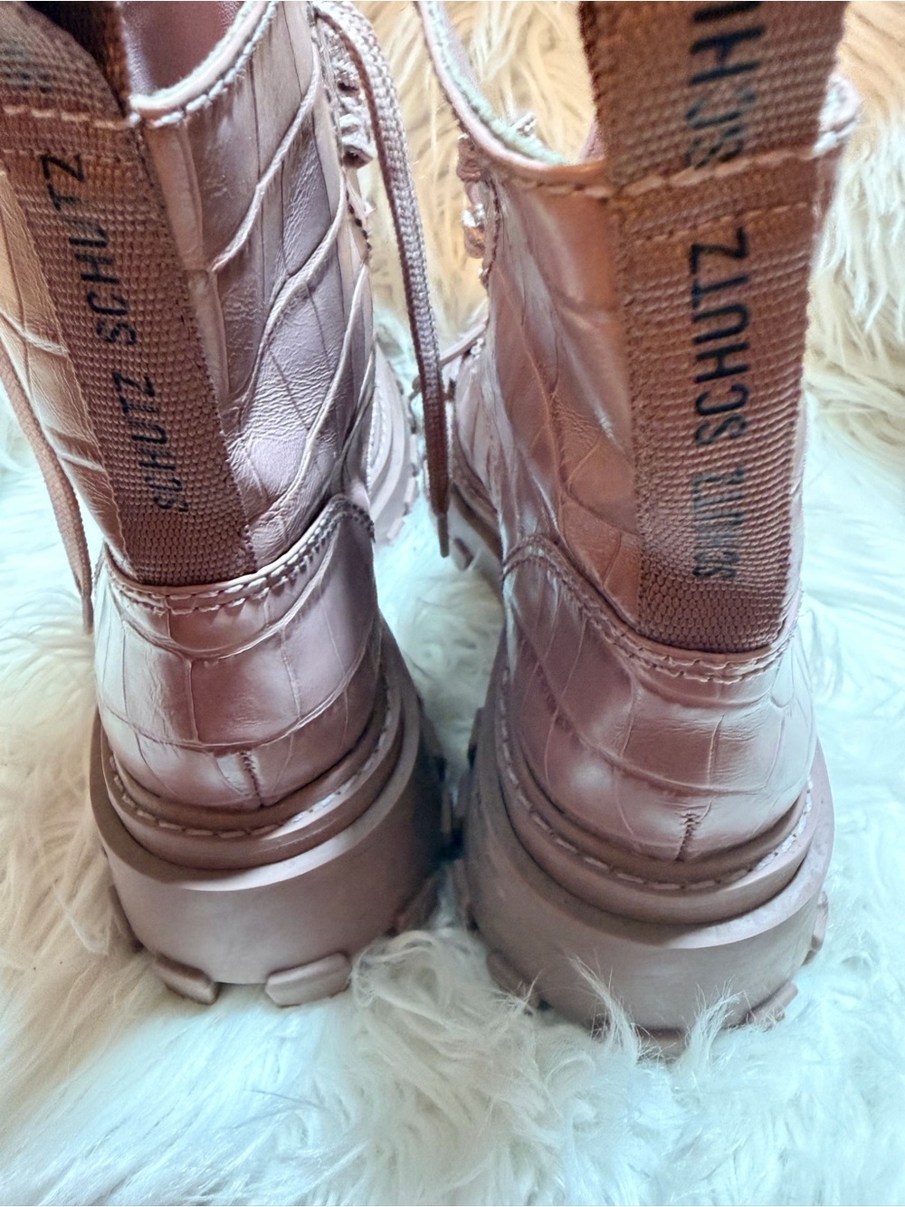 SCHUTZ Mauve Croc-Embossed Lace-Up Platform Boots size 7.5 B - Picture 4 of 9
